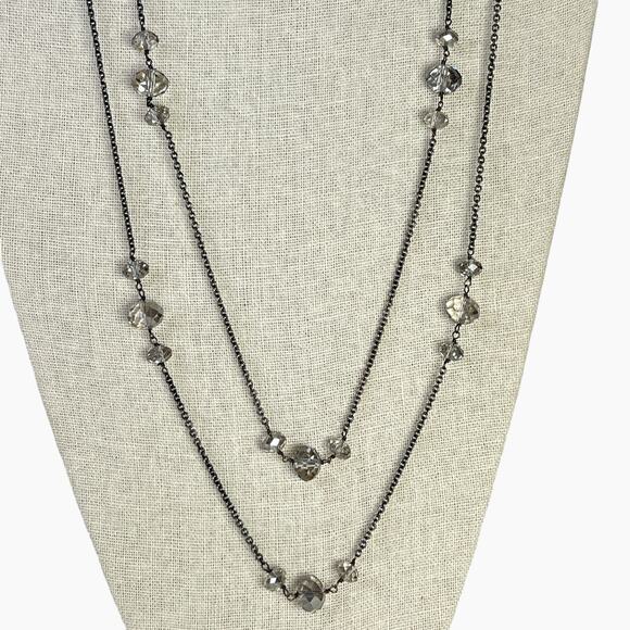 Fashion Necklace Faceted Smokey Gray Sparkly Station Beads Gun Metal 2-Strand - Picture 6 of 10
